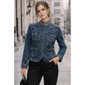 DKNY Jeans Denim Jacket Women Large Sequin Collar Utility Military Stretch Blue